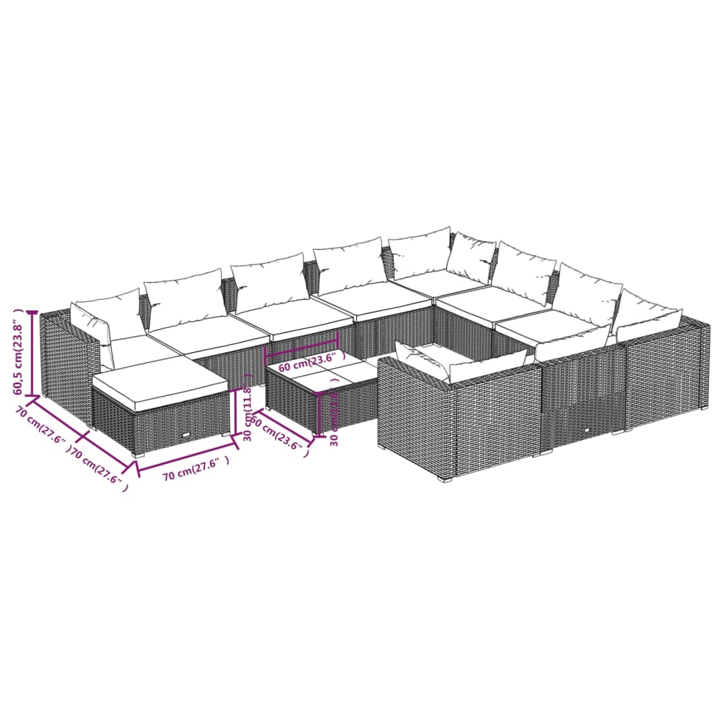 12-tlg. Garten-Lounge-Set mit Kissen Poly Rattan Schwarz