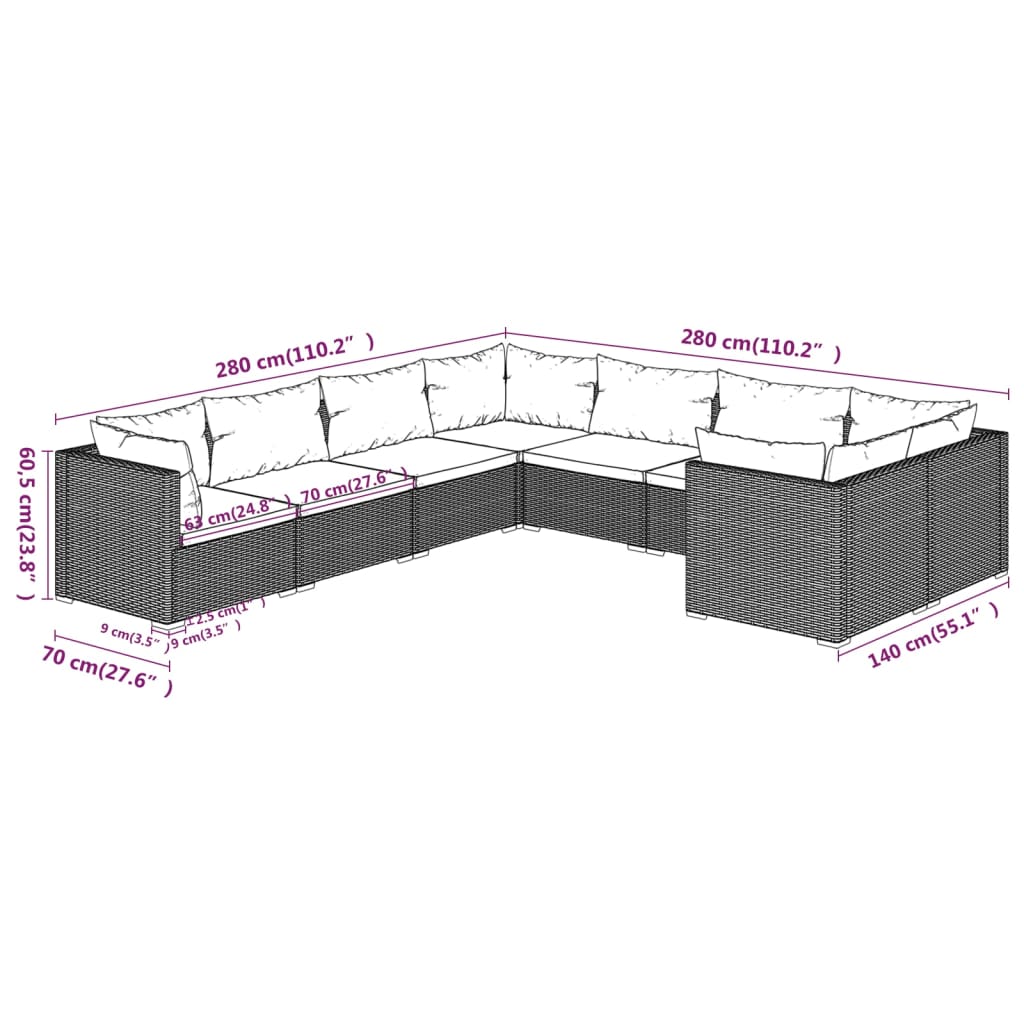 8-tlg. Garten-Lounge-Set mit Kissen Poly Rattan Schwarz