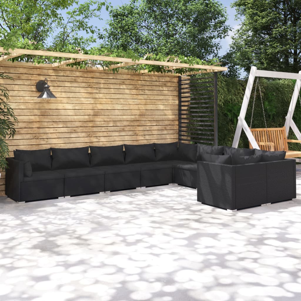 9-tlg. Garten-Lounge-Set mit Kissen Poly Rattan Schwarz