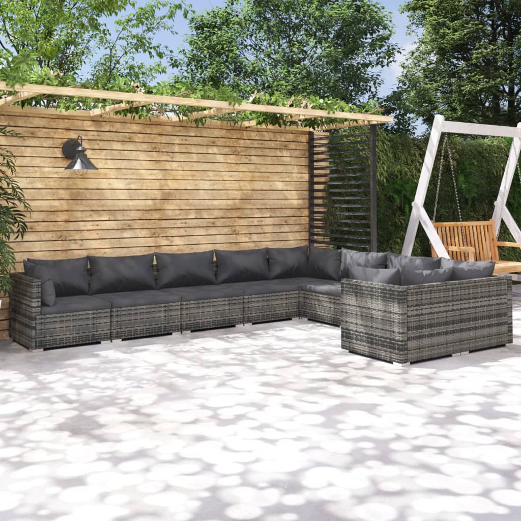 9-tlg. Garten-Lounge-Set mit Kissen Poly Rattan Grau
