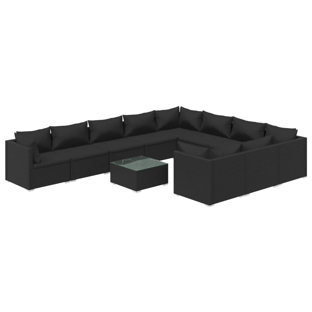 11-tlg. Garten-Lounge-Set mit Kissen Poly Rattan Schwarz