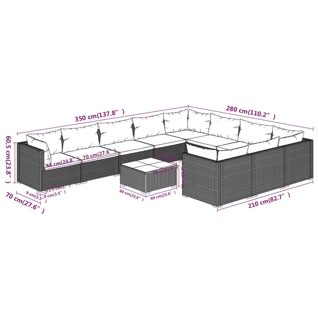 11-tlg. Garten-Lounge-Set mit Kissen Poly Rattan Schwarz