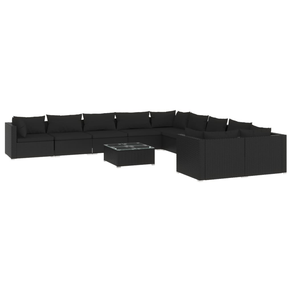 11-tlg. Garten-Lounge-Set mit Kissen Poly Rattan Schwarz