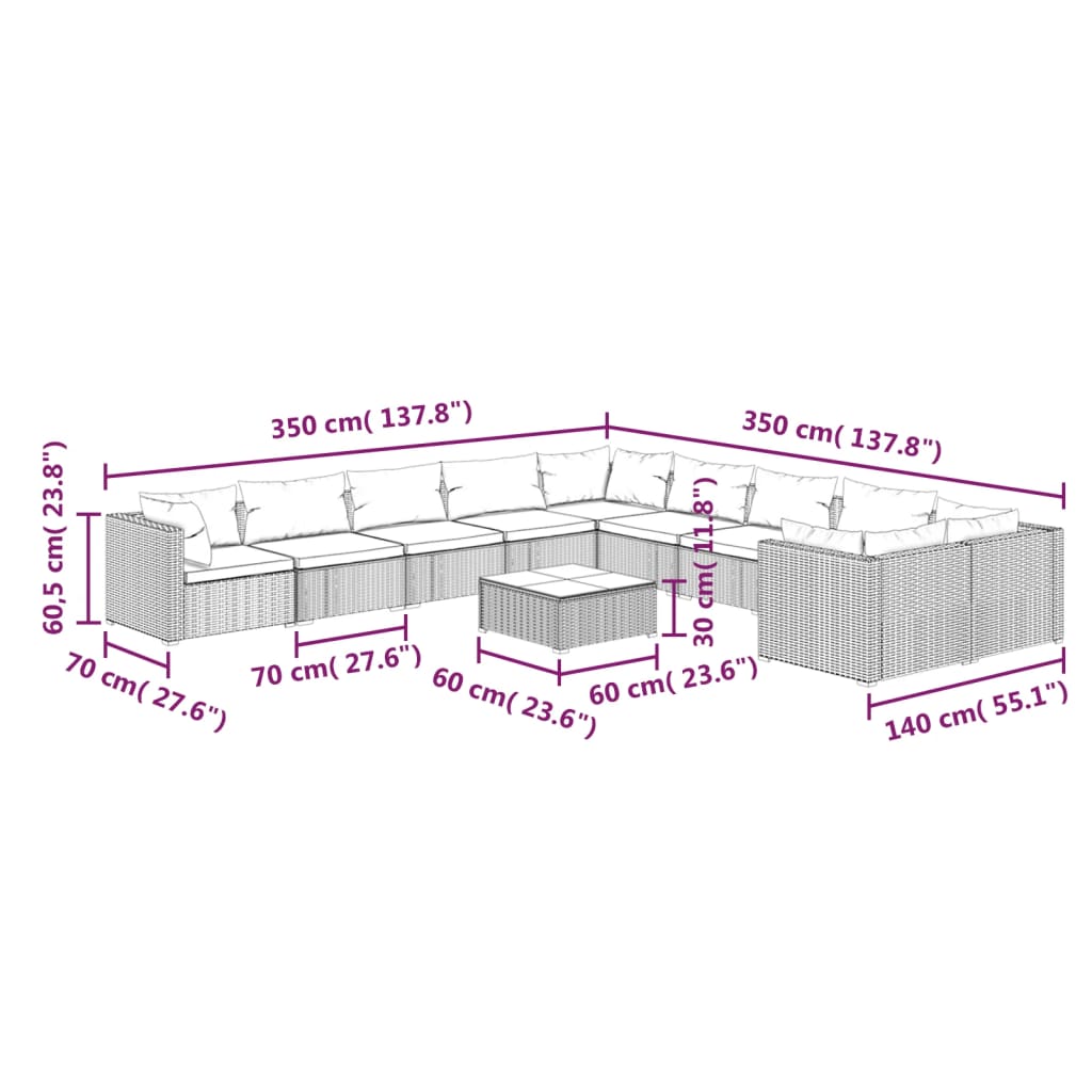 11-tlg. Garten-Lounge-Set mit Kissen Poly Rattan Schwarz