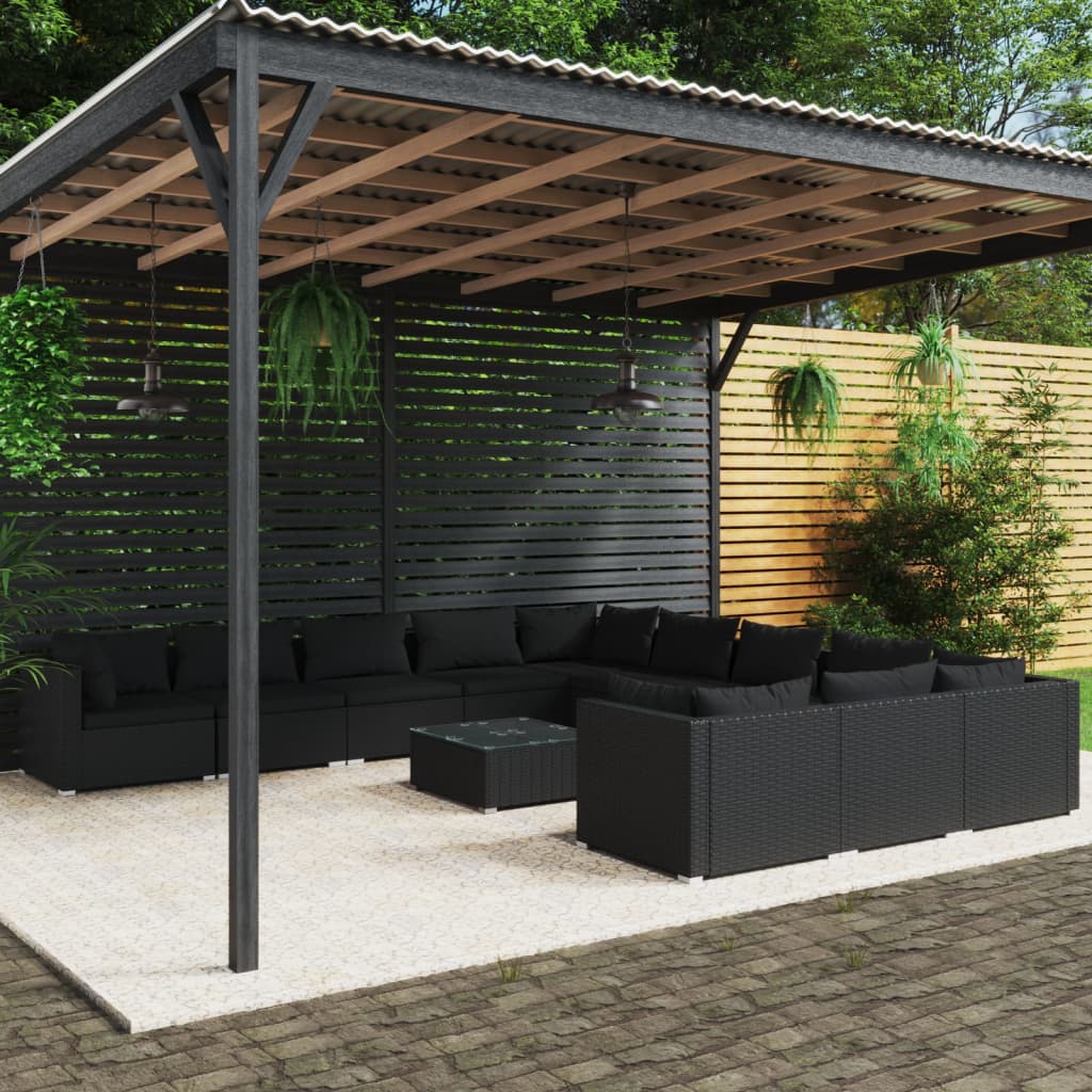 12-tlg. Garten-Lounge-Set mit Kissen Poly Rattan Schwarz