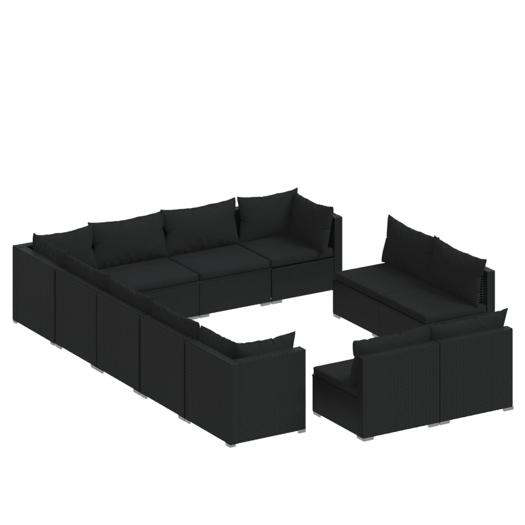 12-tlg. Garten-Lounge-Set mit Kissen Schwarz Poly Rattan