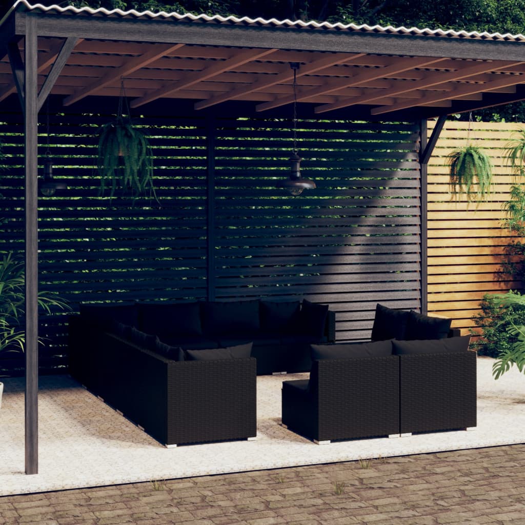12-tlg. Garten-Lounge-Set mit Kissen Schwarz Poly Rattan