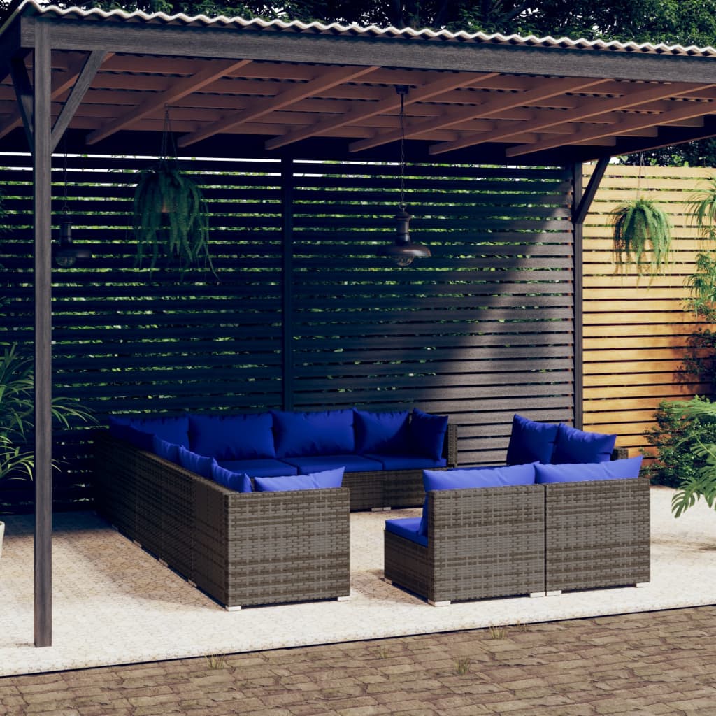 12-tlg. Garten-Lounge-Set mit Kissen Grau Poly Rattan