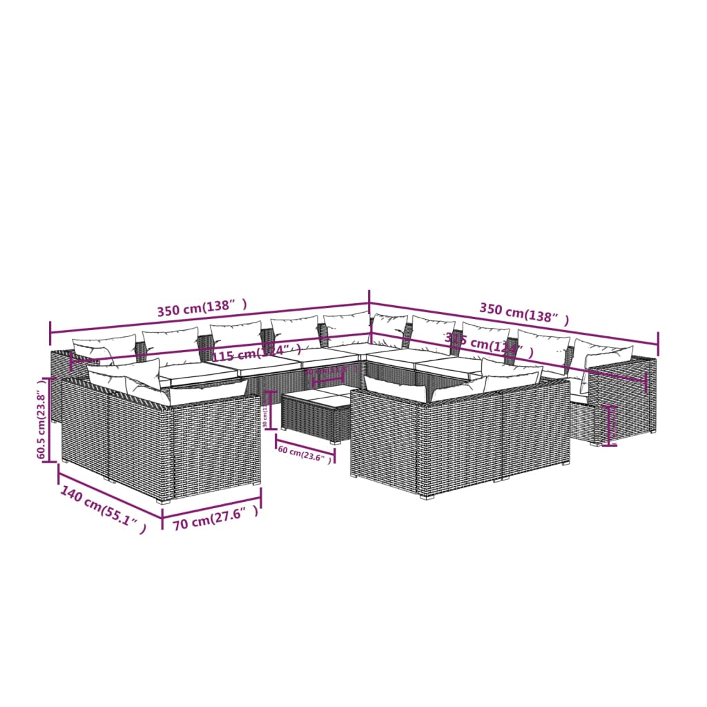14-tlg. Garten-Lounge-Set mit Kissen Schwarz Poly Rattan