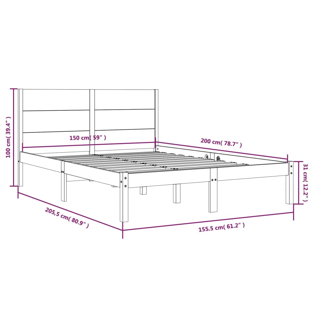 Massivholzbett Grau 150x200 cm 5FT King Size
