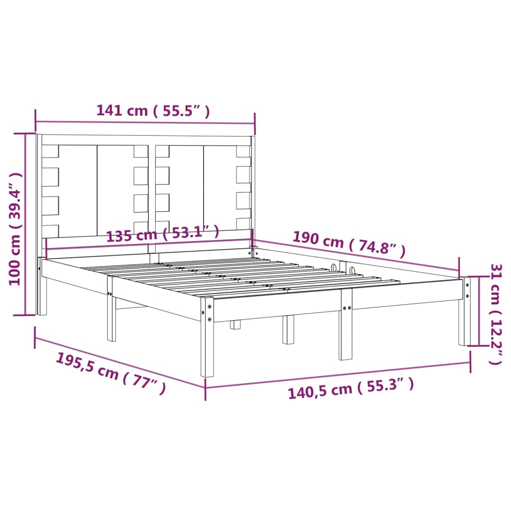Massivholzbett Grau 135x190 cm 4FT6 Double