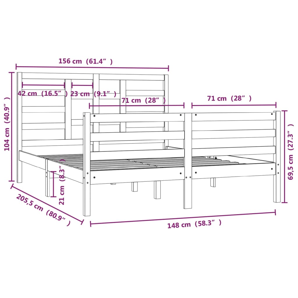 Massivholzbett Honigbraun 150x200 cm 5FT King Size