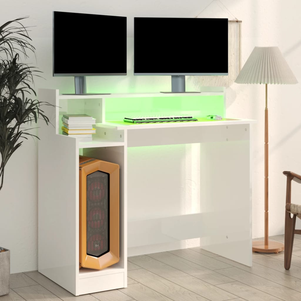 Schreibtisch mit LEDs Hochglanz-Weiß 97x90x45 cm Holzwerkstoff