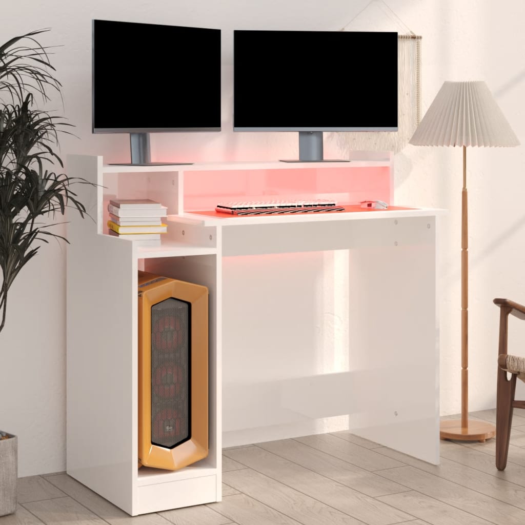 Schreibtisch mit LEDs Hochglanz-Weiß 97x90x45 cm Holzwerkstoff