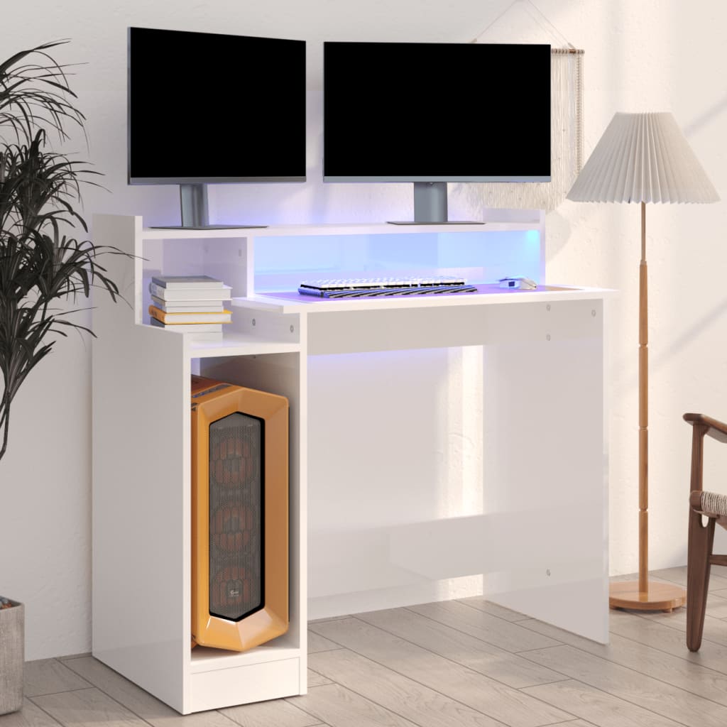 Schreibtisch mit LEDs Hochglanz-Weiß 97x90x45 cm Holzwerkstoff