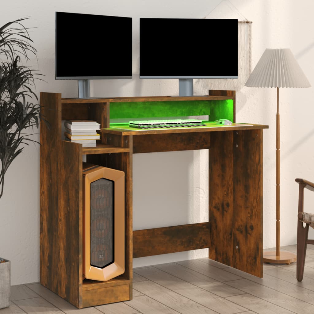 Schreibtisch mit LEDs Räuchereiche 97x90x45 cm Holzwerkstoff
