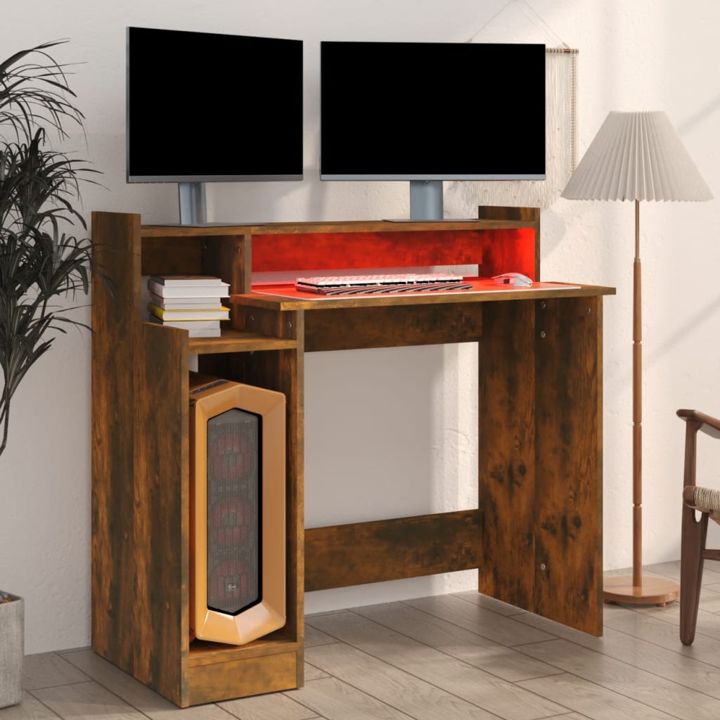 Schreibtisch mit LEDs Räuchereiche 97x90x45 cm Holzwerkstoff