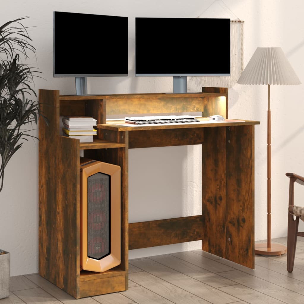 Schreibtisch mit LEDs Räuchereiche 97x90x45 cm Holzwerkstoff