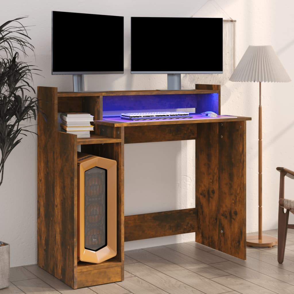 Schreibtisch mit LEDs Räuchereiche 97x90x45 cm Holzwerkstoff