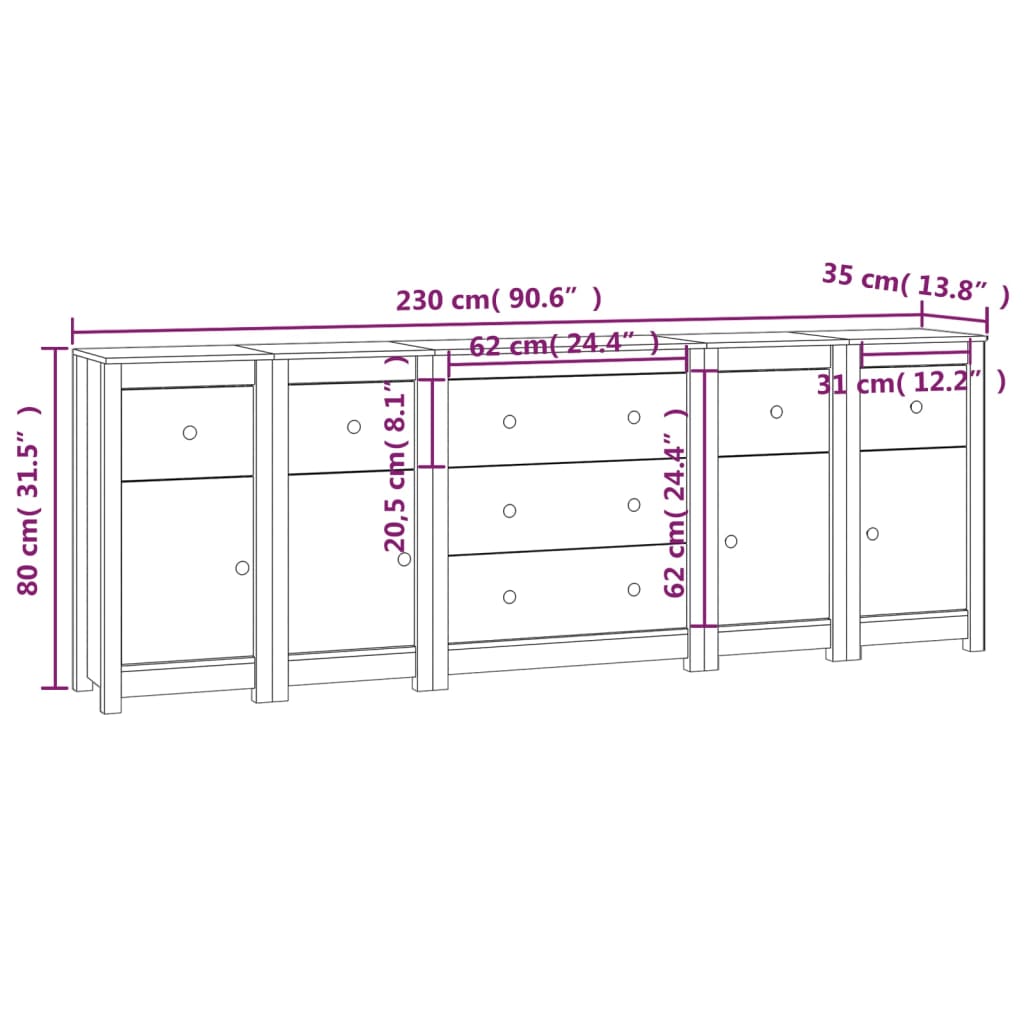 Sideboard 230x35x80 cm Massivholz Kiefer