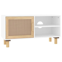 Thumbnail for TV-Schrank Weiß 80x30x40 cm Massivholz Kiefer und Natur-Rattan
