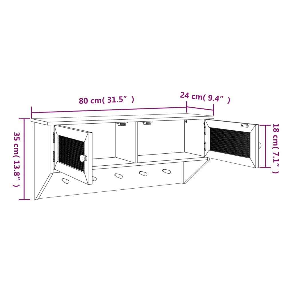 Wandgarderobe Schwarz Holzwerkstoff und Rattan Natur