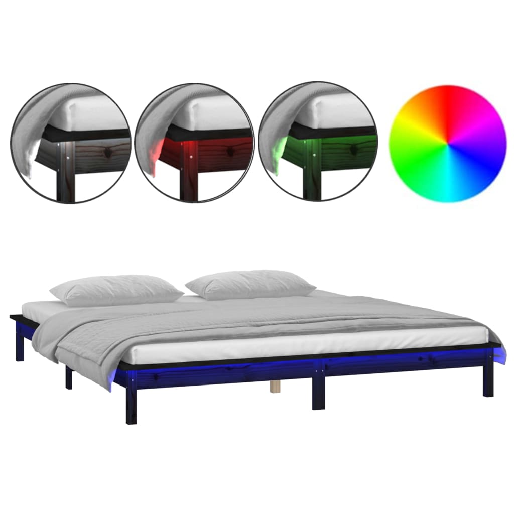 Massivholzbett mit LEDs Schwarz 180x200 cm 6FT Super King