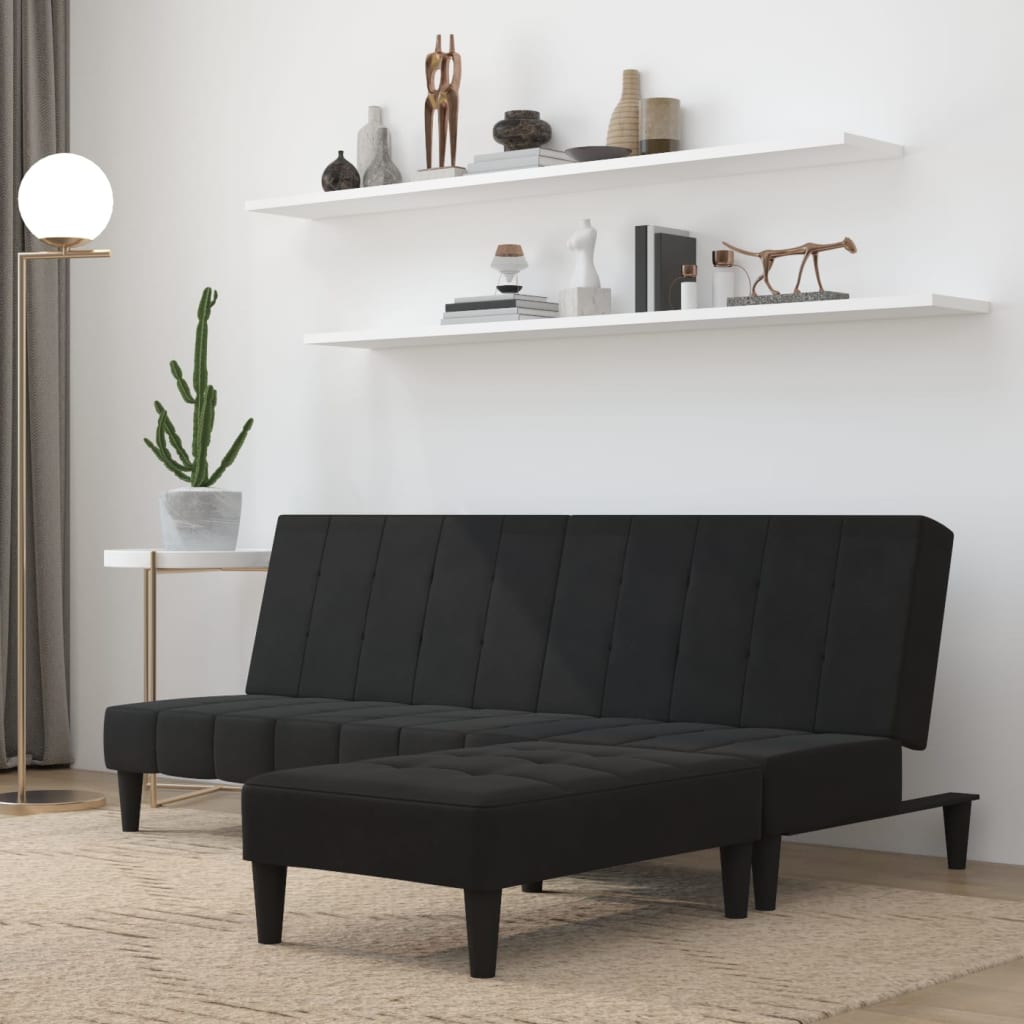Schlafsofa 2-Sitzer mit Hocker Schwarz Mikrofasergewebe