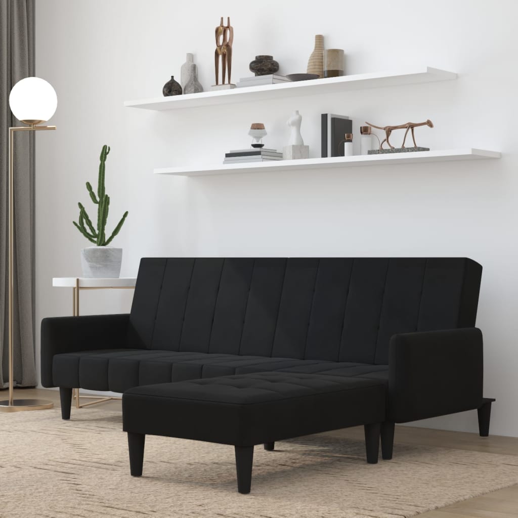 Schlafsofa 2-Sitzer mit Hocker Schwarz Mikrofasergewebe