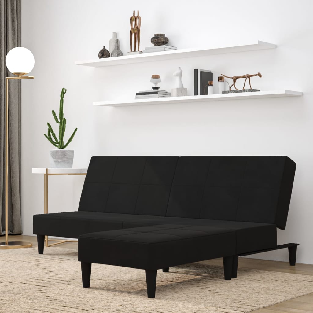 Schlafsofa 2-Sitzer mit Hocker Schwarz Mikrofasergewebe