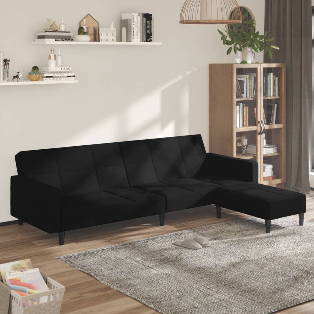 Schlafsofa 2-Sitzer mit Hocker Schwarz Mikrofasergewebe