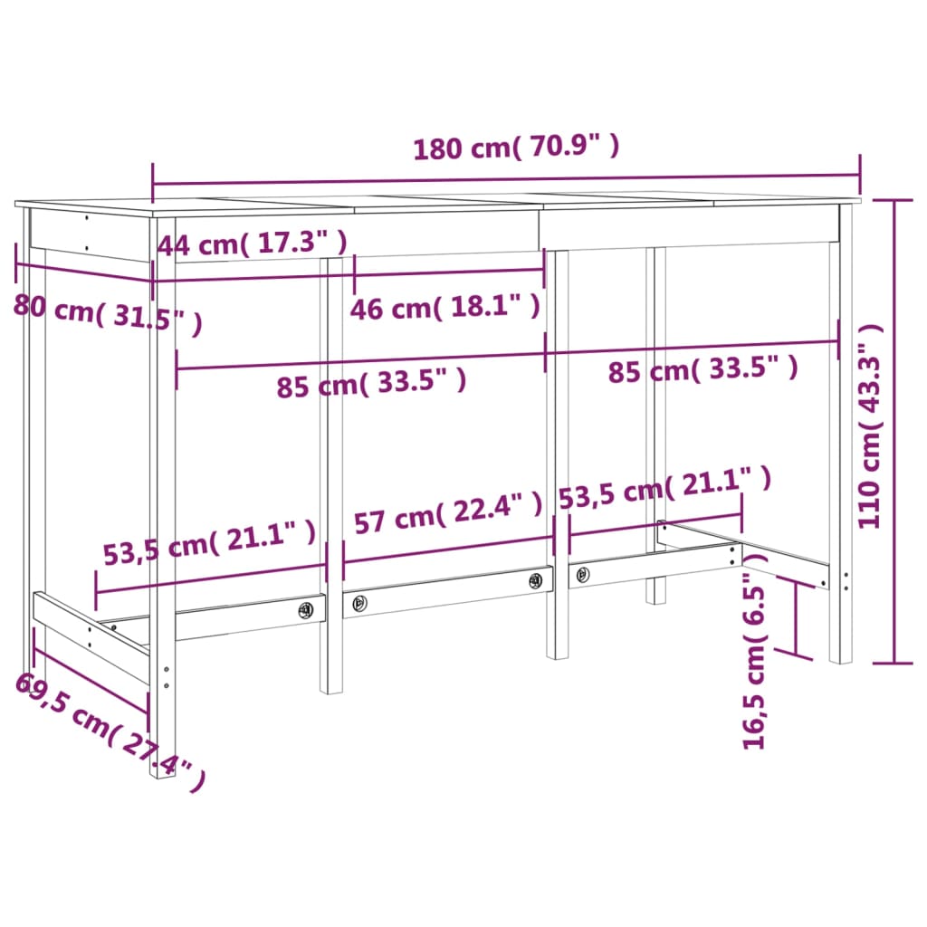 Bartisch Grau 180x80x110 cm Massivholz Kiefer