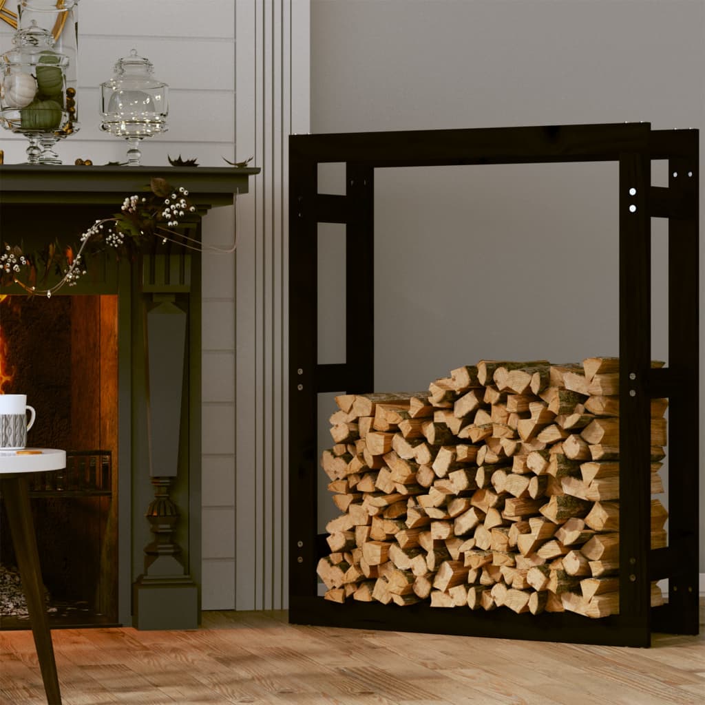 Kaminholzregal Schwarz 80x25x100 cm Massivholz Kiefer
