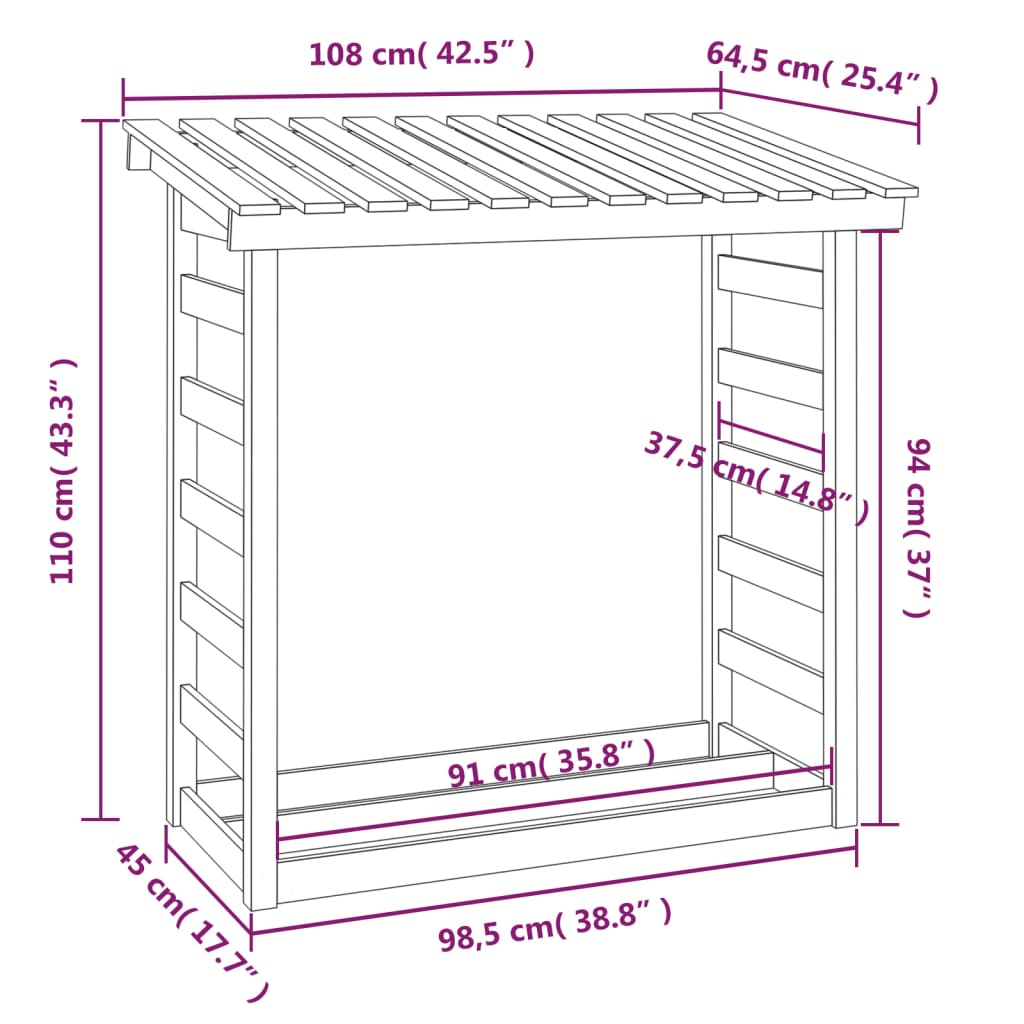 Kaminholzregal Grau 108x64,5x110 cm Massivholz Kiefer