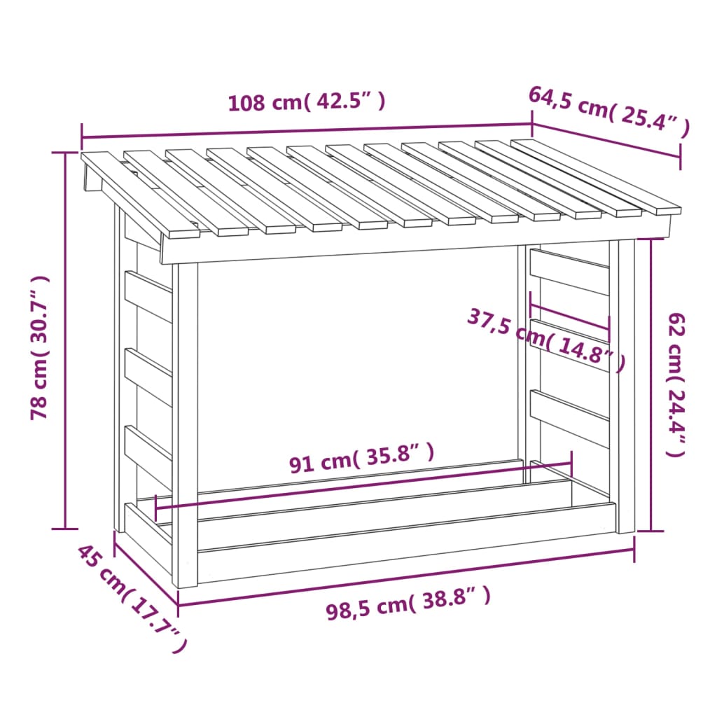 Kaminholzregal Grau 108x64,5x78 cm Massivholz Kiefer