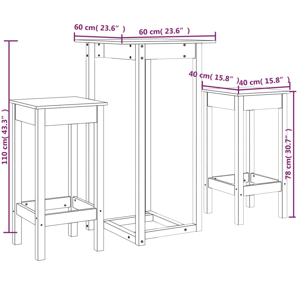 3-tlg. Bar-Set Honigbraun Massivholz Kiefer