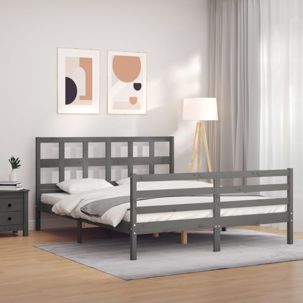 Massivholzbett mit Kopfteil Grau 5FT King Size