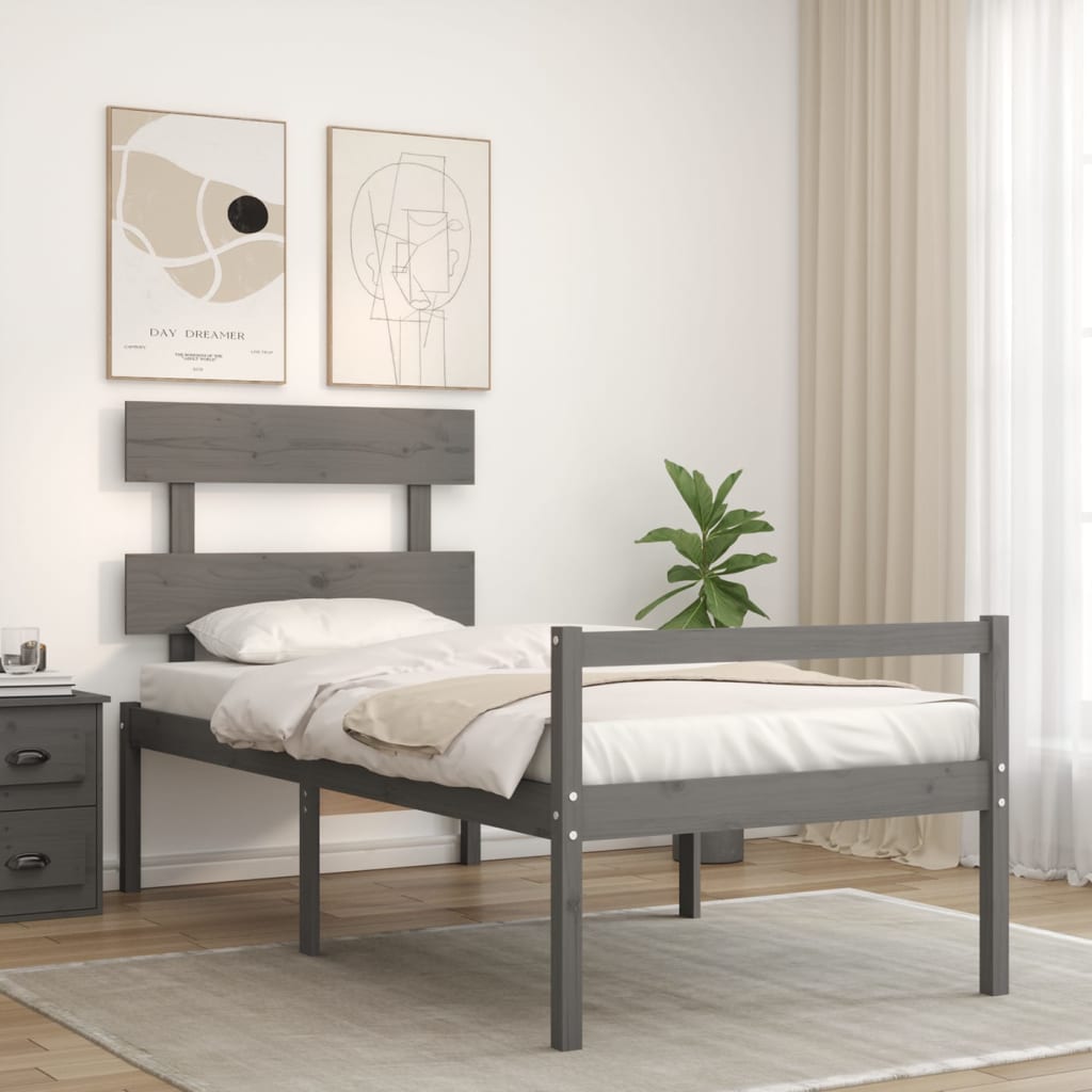 Massivholzbett mit Kopfteil Grau 90x200 cm