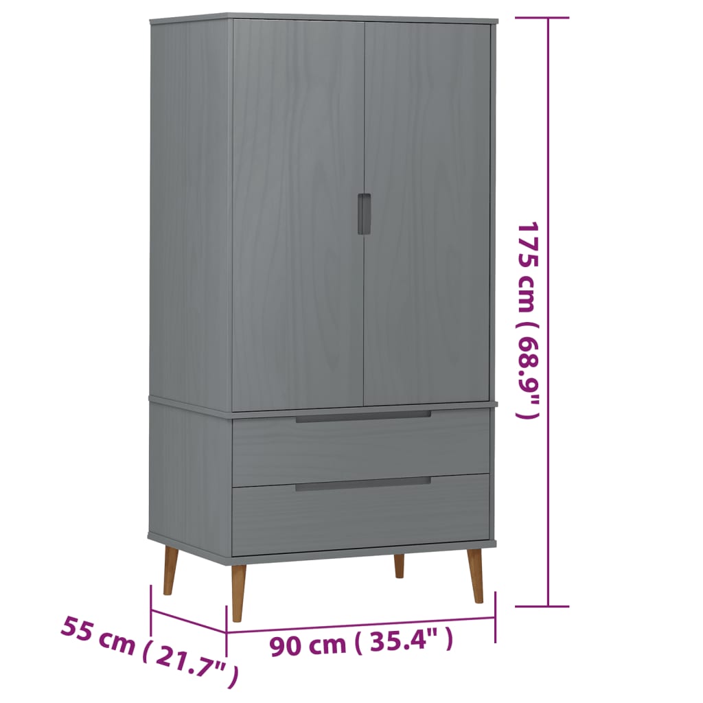 Kleiderschrank Grau 90x55x175 cm Massivholz Kiefer