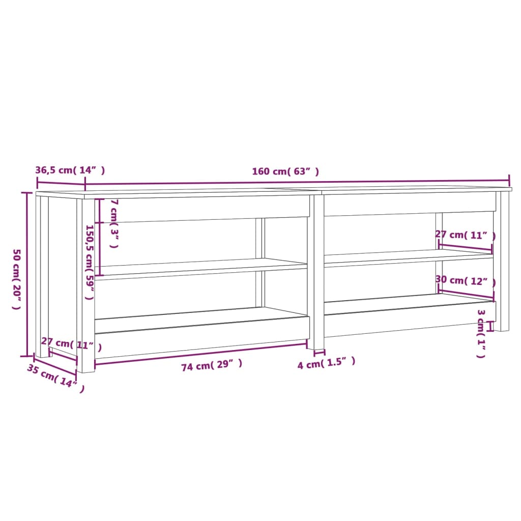 Schuhbank Grau 160x36,5x50 cm Massivholz Kiefer