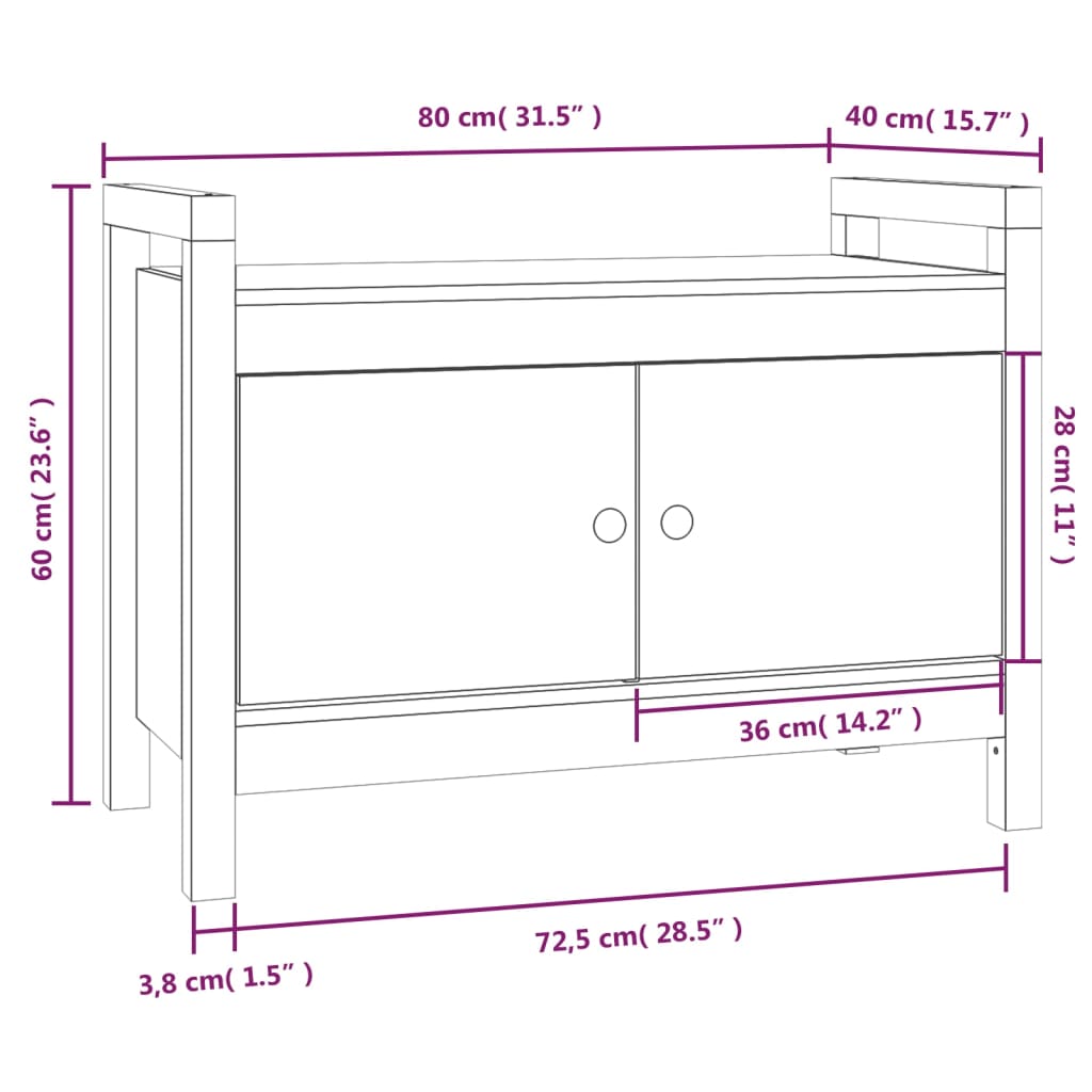 Flurbank Schwarz 80x40x60 cm Massivholz Kiefer