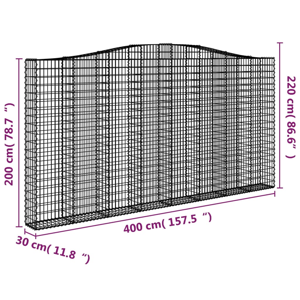 Gabionen mit Hochbogen 4 Stk. 400x30x200/220cm Verzinktes Eisen