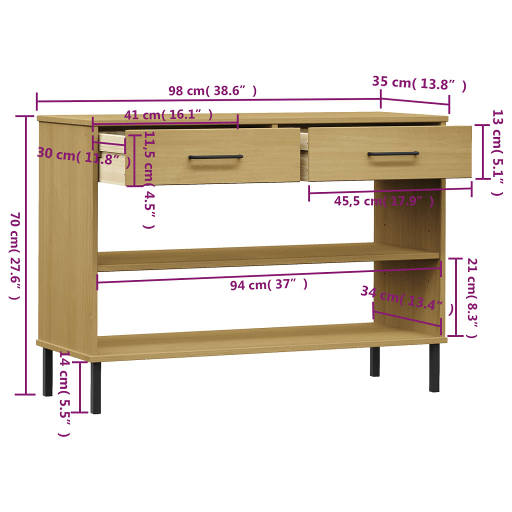 Konsolenschrank OSLO mit Metallbeinen Braun Massivholz Kiefer