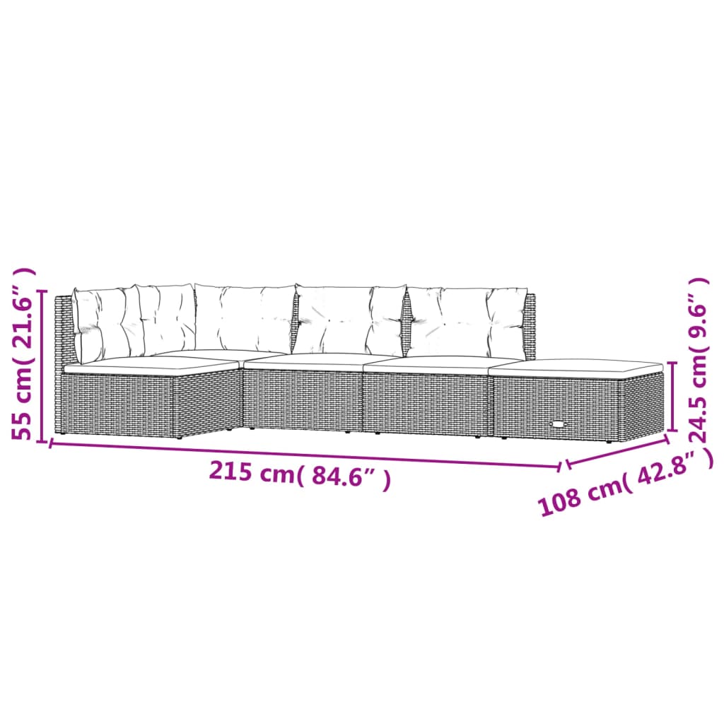 5-tlg. Garten-Lounge-Set mit Kissen Schwarz Poly Rattan