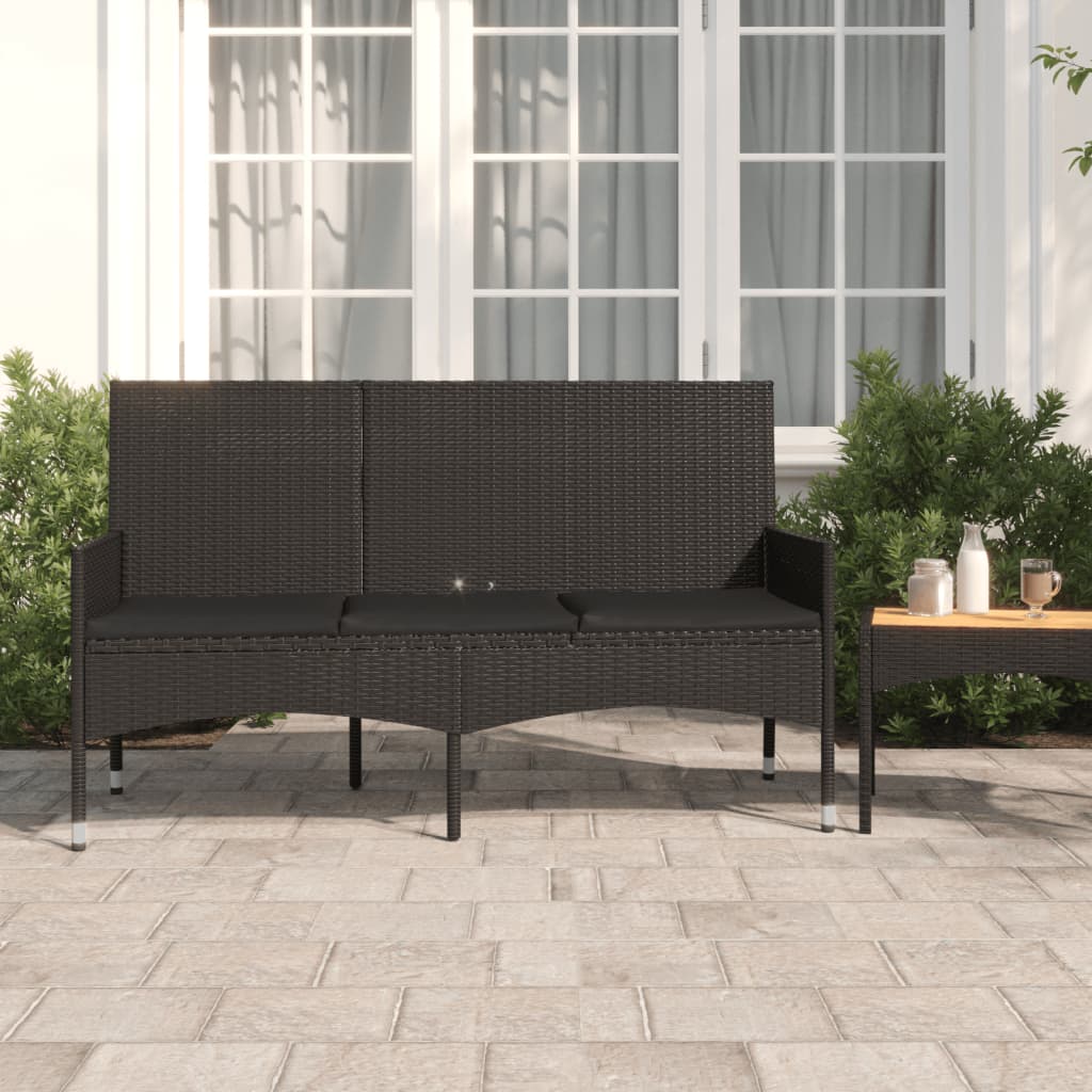 Gartenbank 3-Sitzer mit Kissen Schwarz Poly Rattan