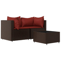 Thumbnail for 3-tlg. Garten-Lounge-Set mit Kissen Braun Poly Rattan