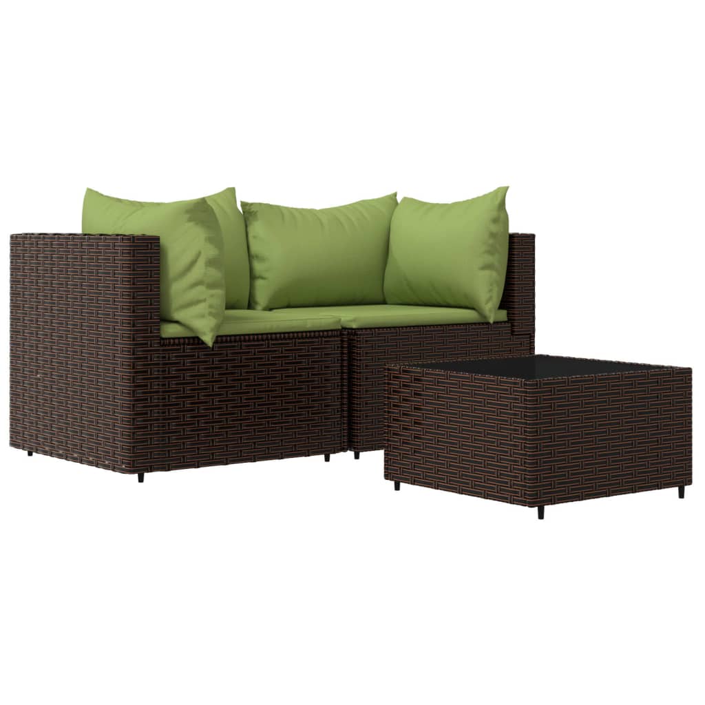 3-tlg. Garten-Lounge-Set mit Kissen Braun Poly Rattan