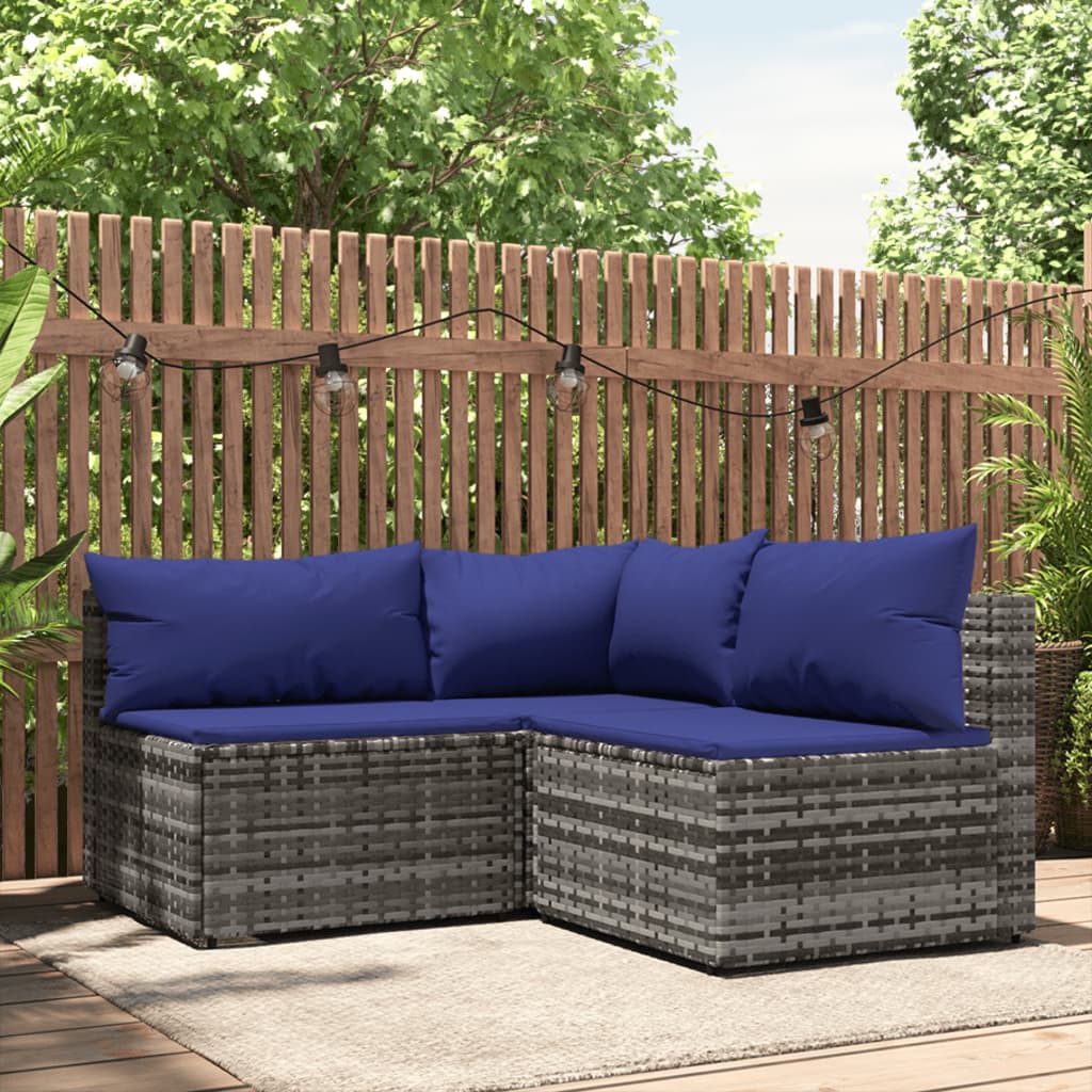 3-tlg. Garten-Lounge-Set mit Kissen Grau Poly Rattan