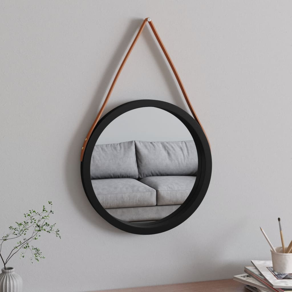 Wandspiegel mit Riemen Schwarz Ø 45 cm