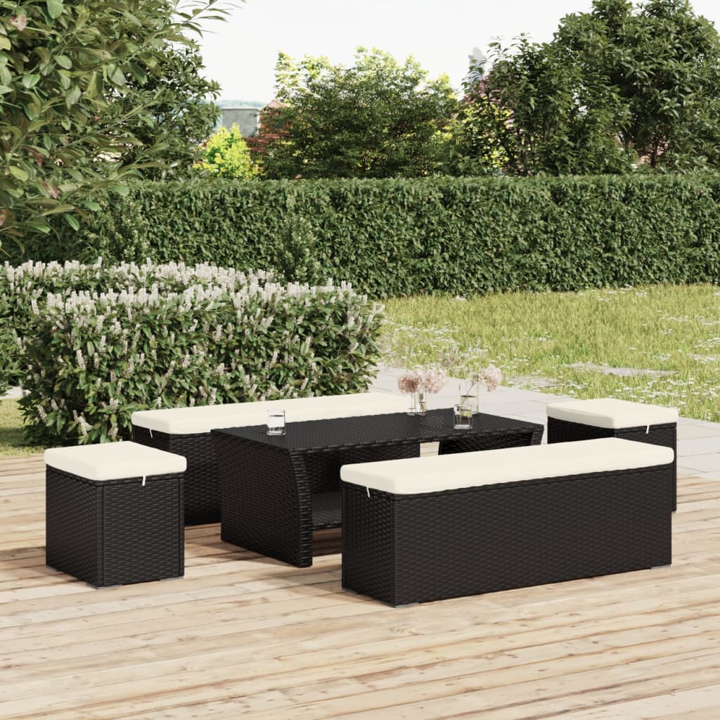 Hocker mit Kissen Schwarz 40x30x40 cm Poly Rattan
